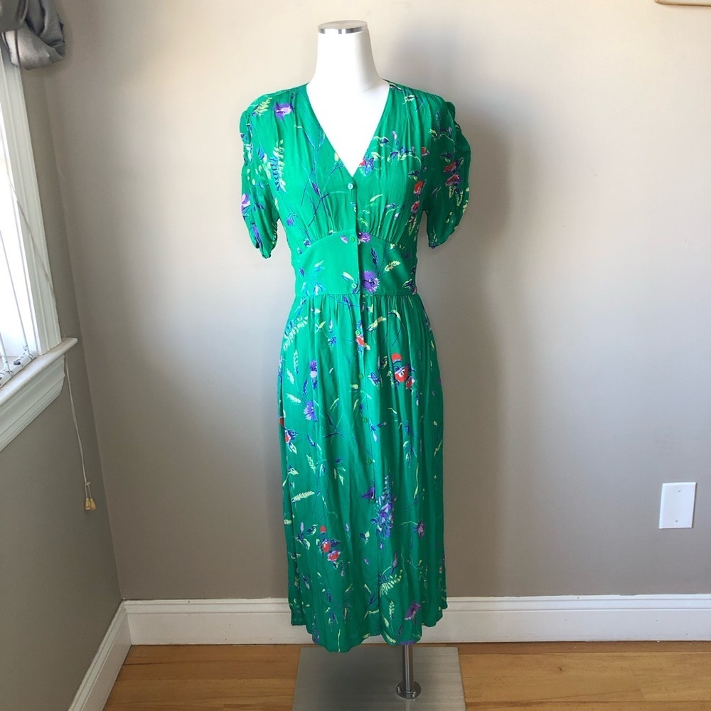 Maje Rankol Green Floral V-Neck Front button cinched waist midi dress 3/M/L